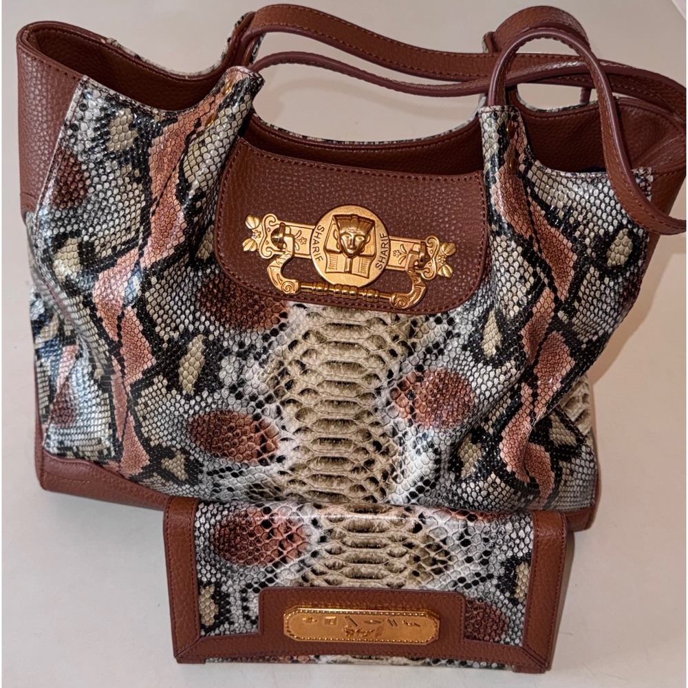 Sharif 1827 Cognac Snakeskin Print Leather Tote Bag and Matching Wallet Set